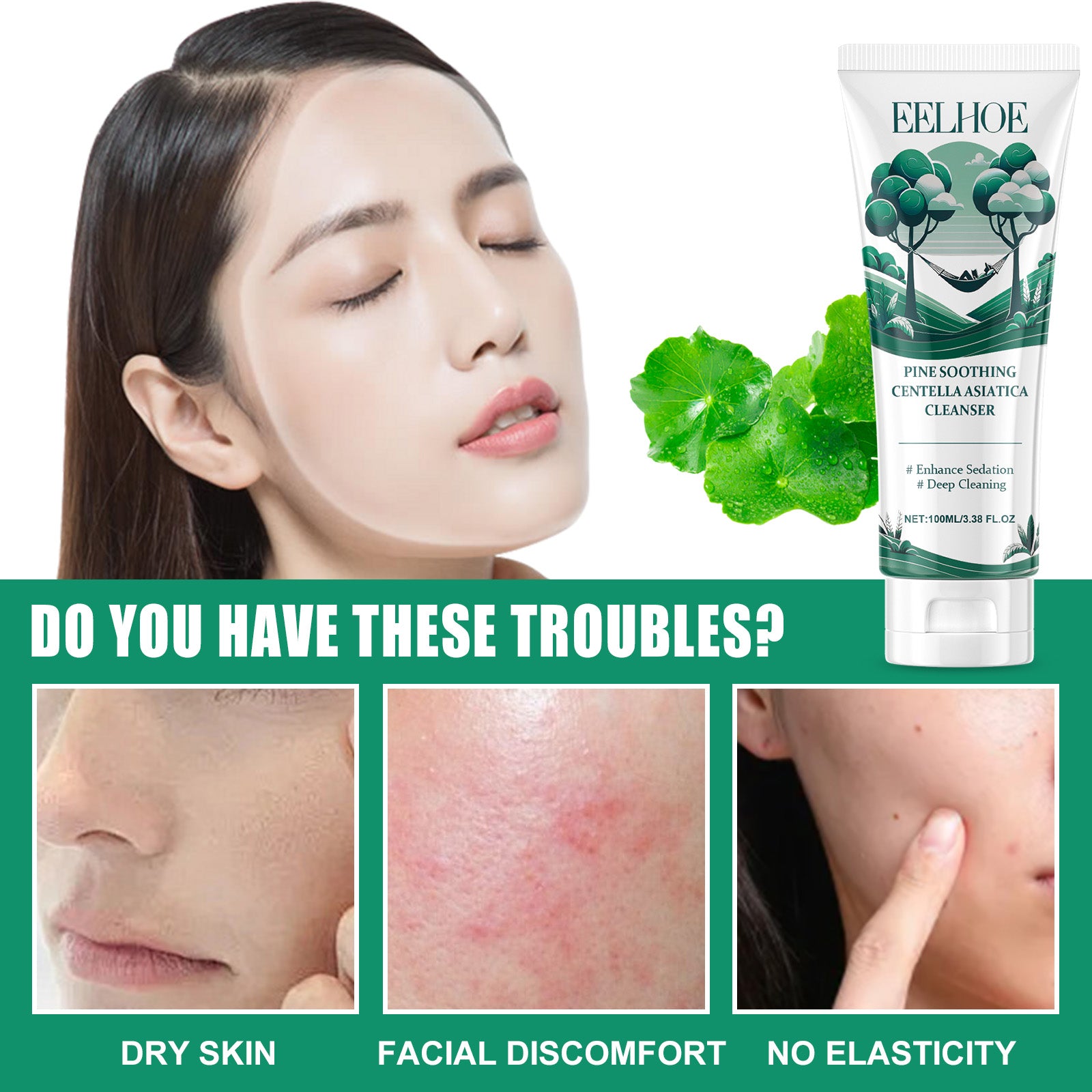 Pine Soothing Centella Asiatica Cleanser, Deep Clear Pores Soft Moisturizing Skin Moisturizing Non-Tight Cleanser