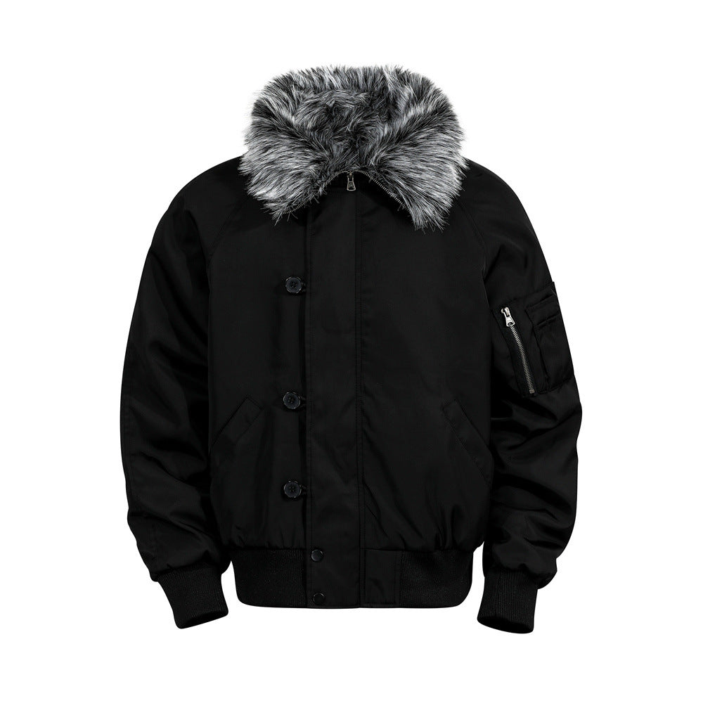 Street Style Men's Cotton Coat with Fur Collar, Multi-Pocket Design, Trendy Brand, Loose Fit, Versatile Outerwear Top