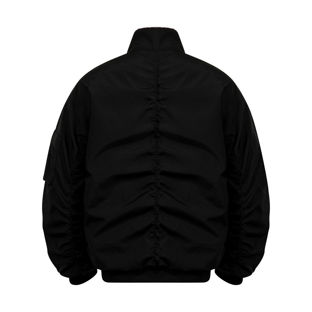 Urban Street Men's Cotton Jacket, Stand Collar, Patchwork Pleated Design, Trendy Brand, Loose Fit, Versatile Outerwear Top