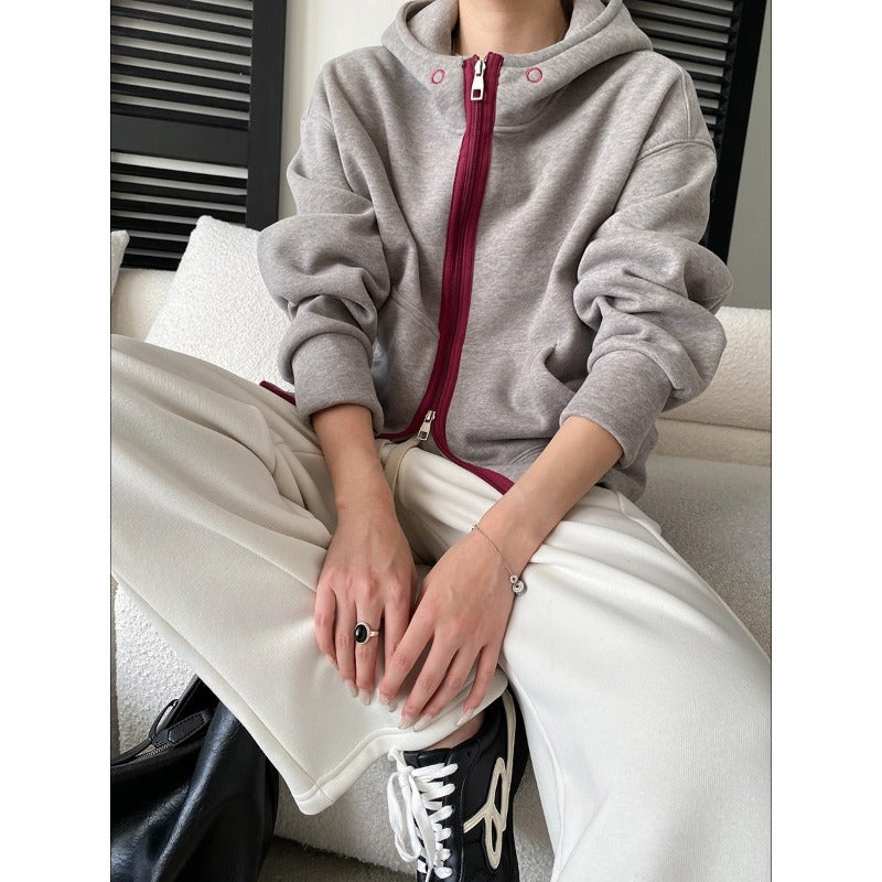 Style Casual Fashion High-End Color-Blocking Zipper Fleece Lined Hoodie Sweatshirt Jacket