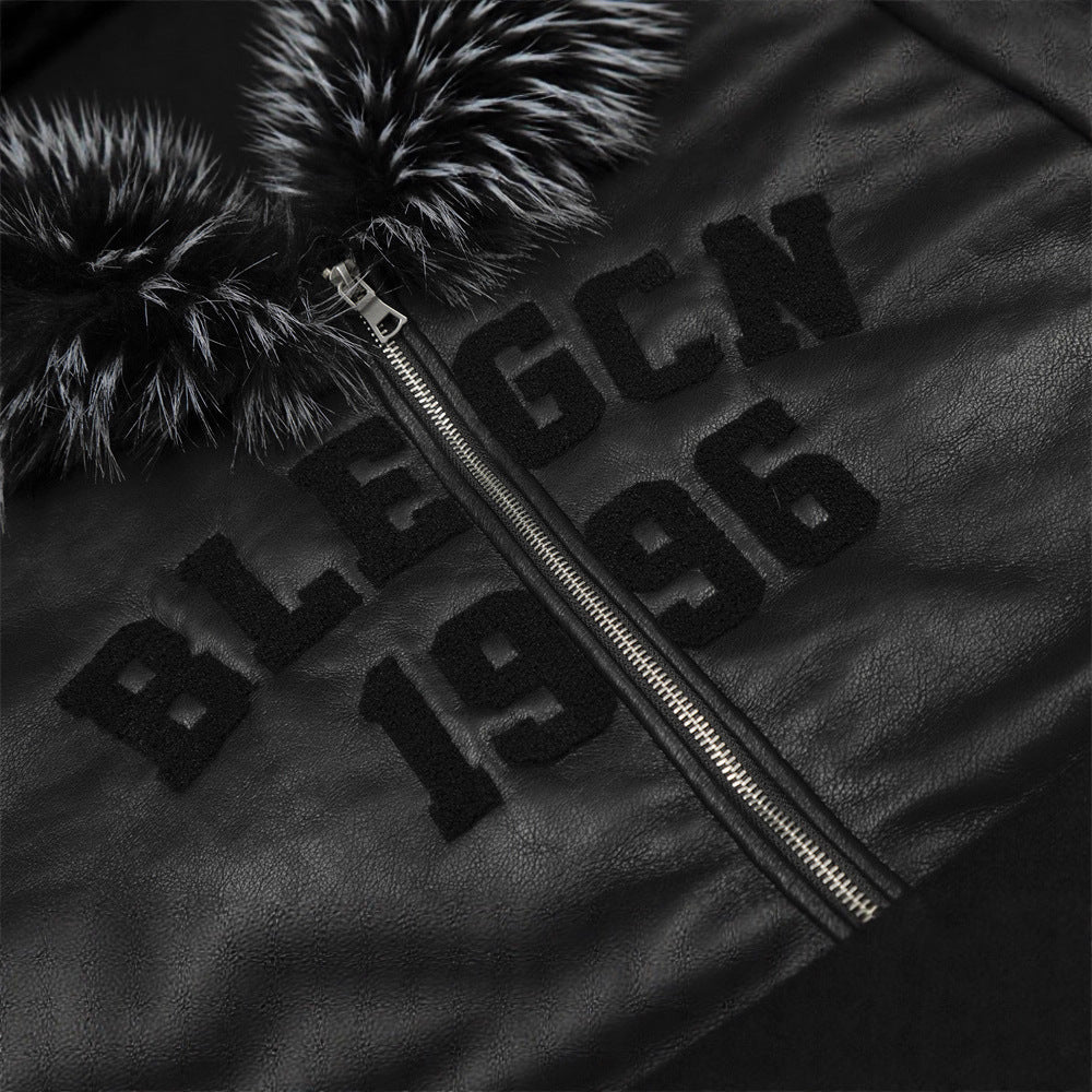 Street Style Men's Cotton Coat with Hood, Fur Collar, Letter Embroidery, Casual Loose Fit Outerwear Jacket