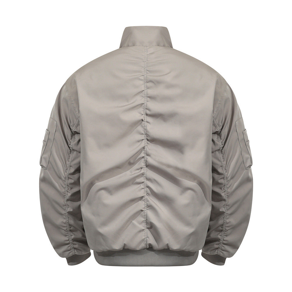 Urban Street Men's Cotton Jacket, Stand Collar, Patchwork Pleated Design, Trendy Brand, Loose Fit, Versatile Outerwear Top