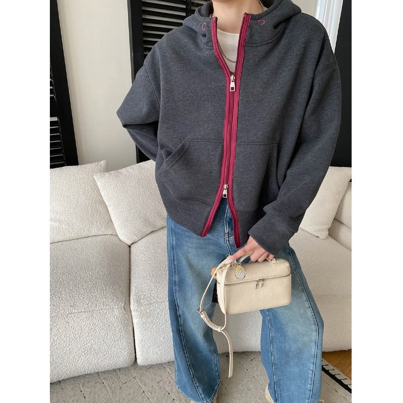 Style Casual Fashion High-End Color-Blocking Zipper Fleece Lined Hoodie Sweatshirt Jacket
