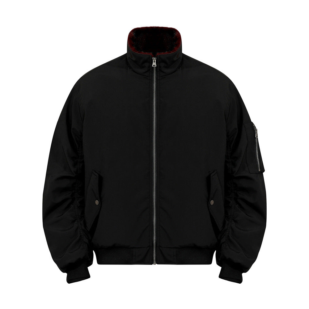 Urban Street Men's Cotton Jacket, Stand Collar, Patchwork Pleated Design, Trendy Brand, Loose Fit, Versatile Outerwear Top