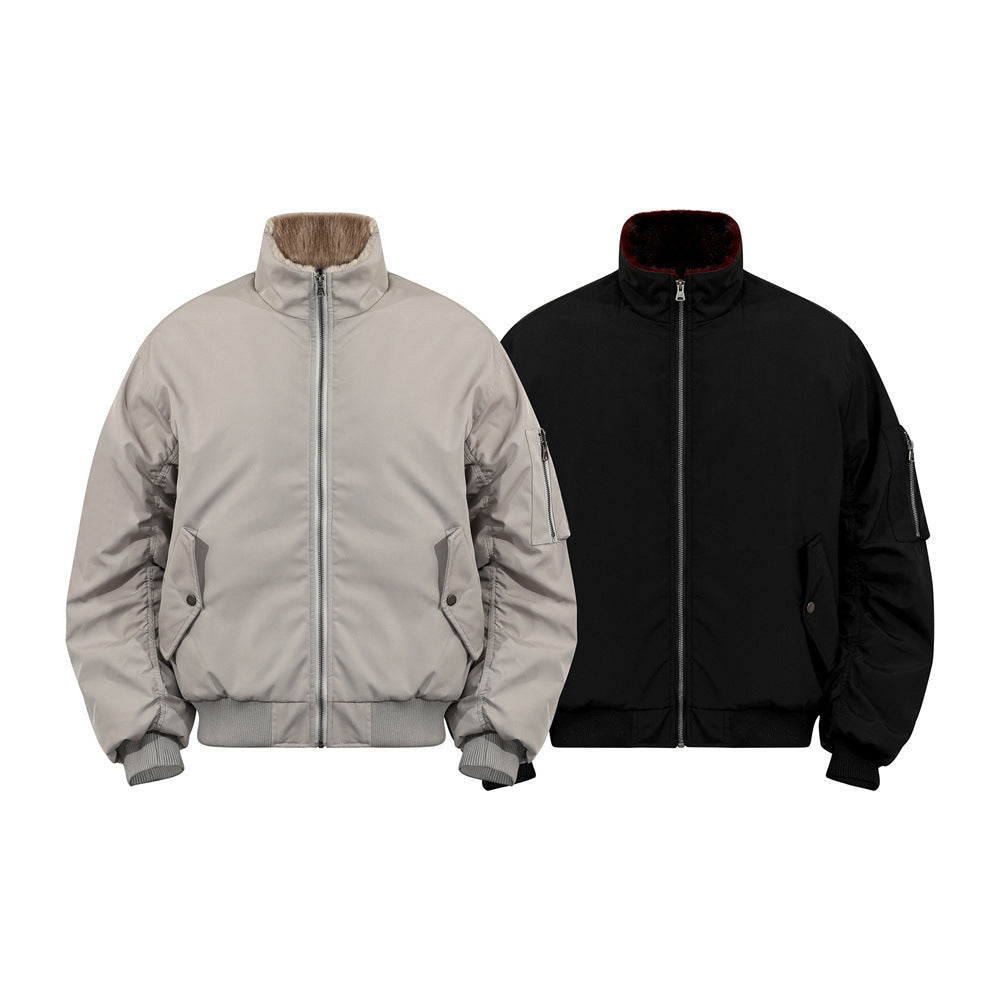 Urban Street Men's Cotton Jacket, Stand Collar, Patchwork Pleated Design, Trendy Brand, Loose Fit, Versatile Outerwear Top