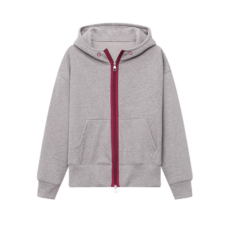 Style Casual Fashion High-End Color-Blocking Zipper Fleece Lined Hoodie Sweatshirt Jacket