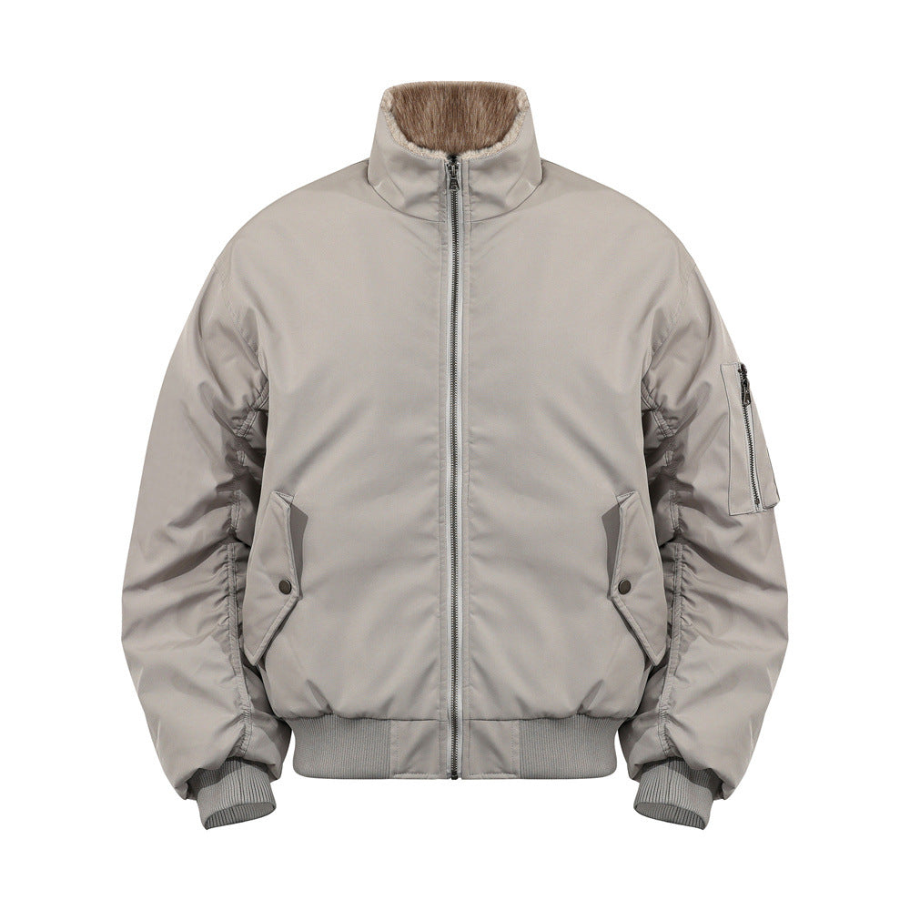 Urban Street Men's Cotton Jacket, Stand Collar, Patchwork Pleated Design, Trendy Brand, Loose Fit, Versatile Outerwear Top