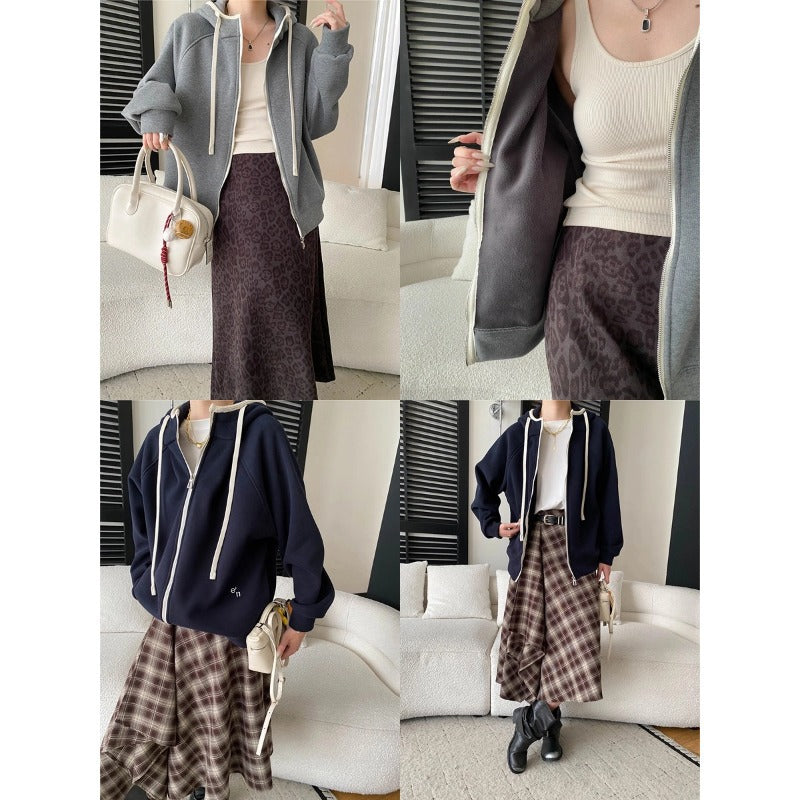 Casual Color-block Drawstring Hooded Loose Fleece Hoodie Jacket