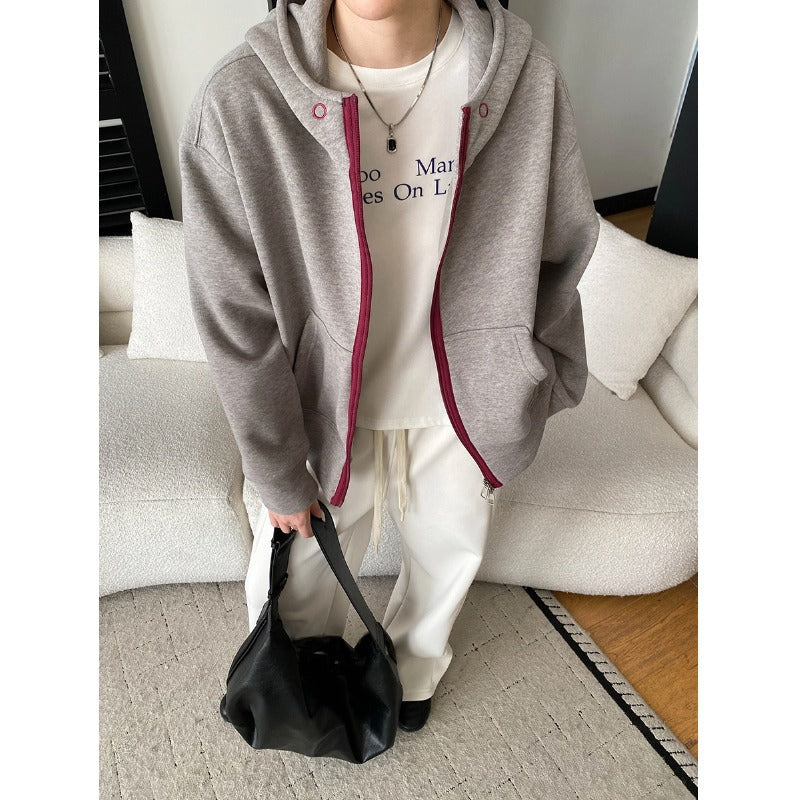 Style Casual Fashion High-End Color-Blocking Zipper Fleece Lined Hoodie Sweatshirt Jacket